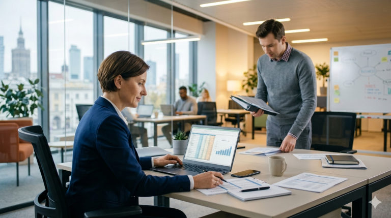 Obraz przedstawia nowoczesne, profesjonalne biuro typu open space w Warszawie